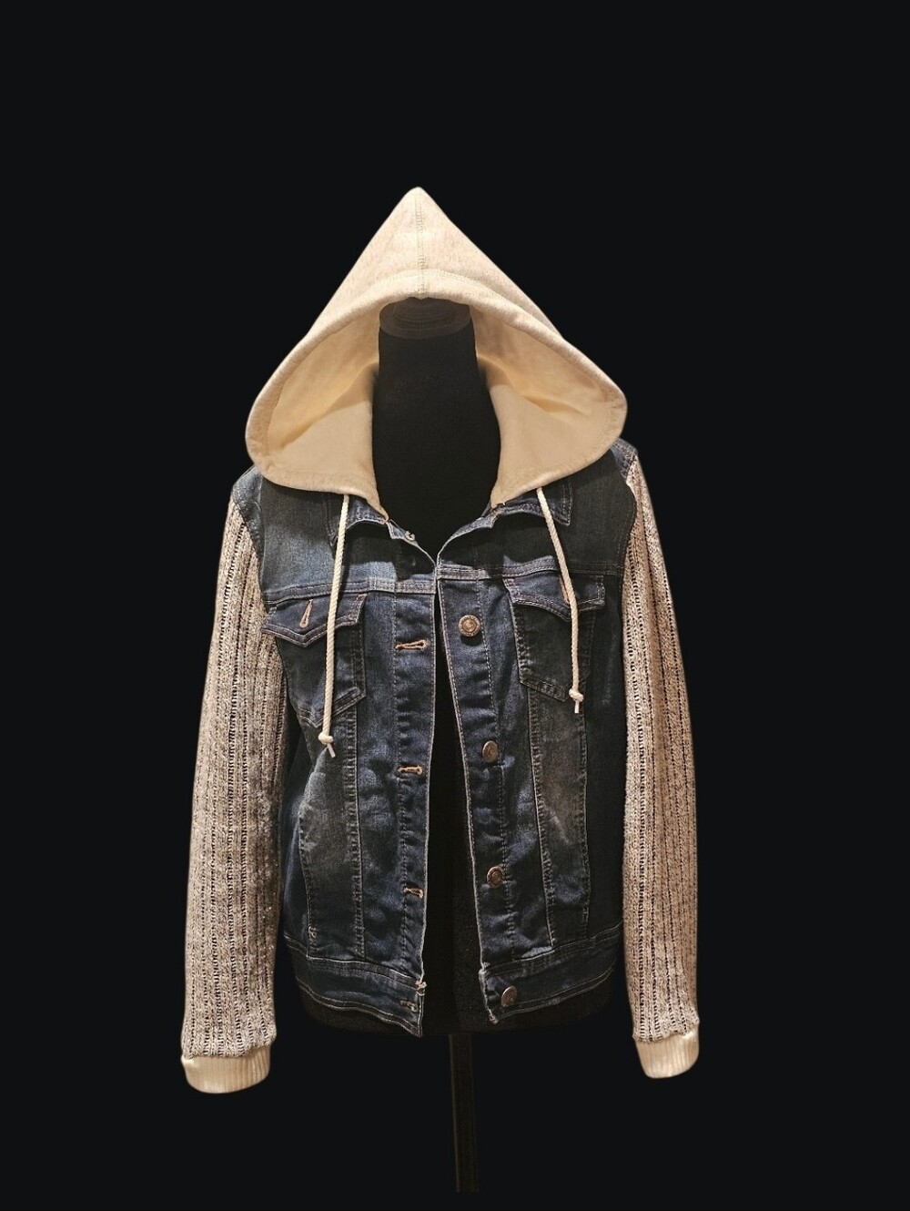 Wallflower Denim Jacket with Knit Sweater Sleeves and Cream Hoodie